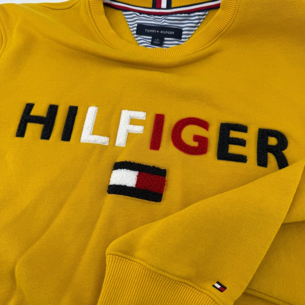 Tommy‎ Hilfiger Yellow Crewneck Sweatshirt Terry Plush Spellout Logo Men's Large